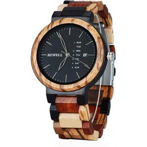 ✨Bewell Week & Date Quartz Mens Brown Wooden lightweight Unique Adjustable Watch